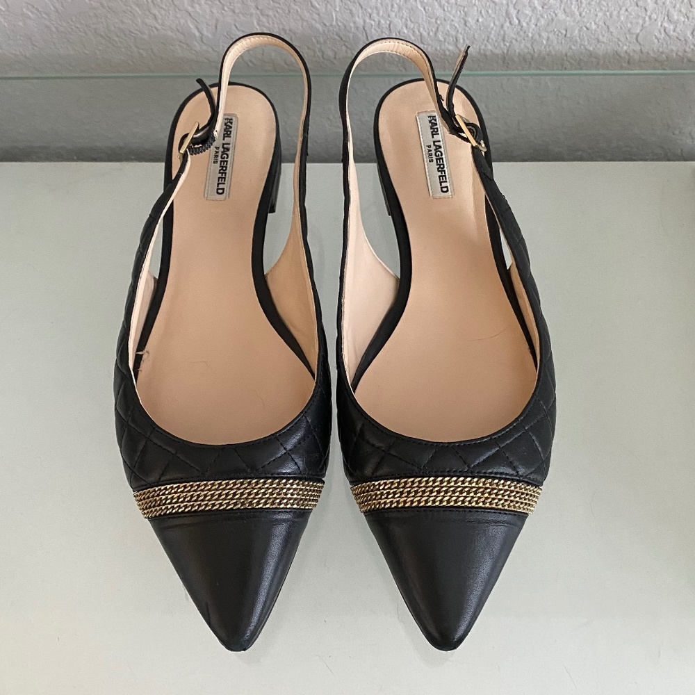 Karl Lagerfeld Calais Quilted Slingback Flats, Black Leather, Size 9
